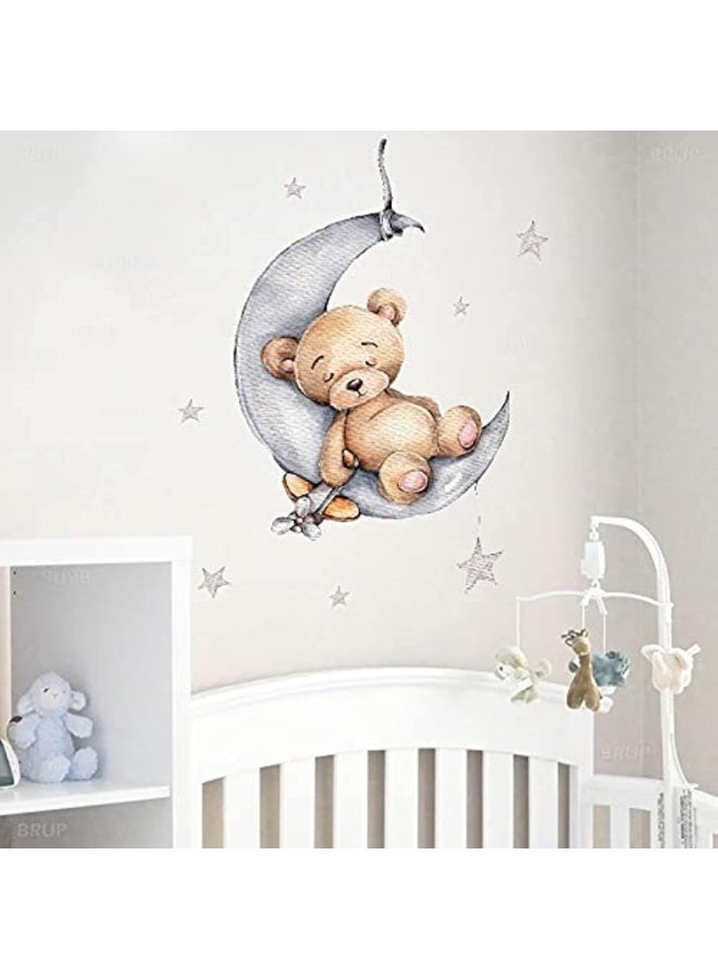 Teddy Bear Sleeping on The Moon and Stars Wall Stickers for Kids Baby Room Interior Decoration Wall Decals (Teddy Bear) - Image 1